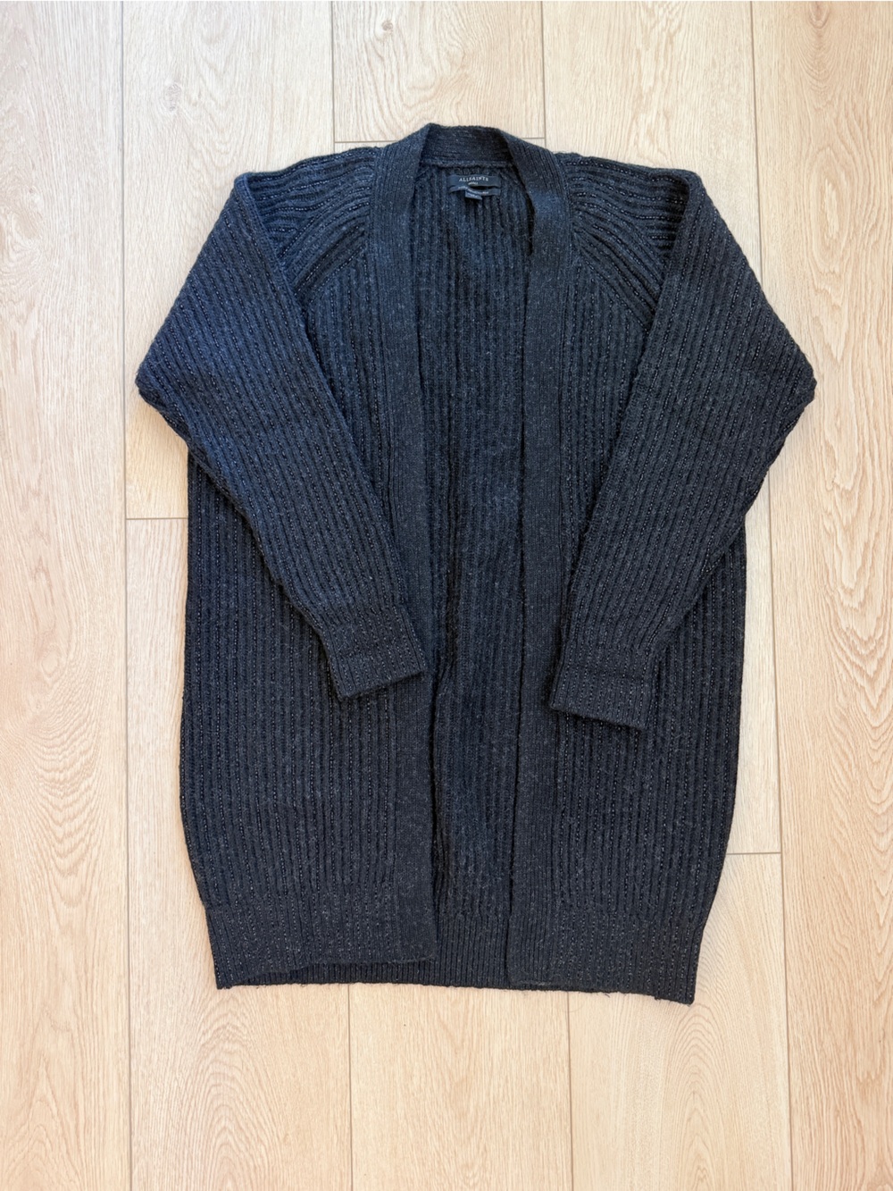 AllSaints Black Ribbed Open-Front Long Cardigan S